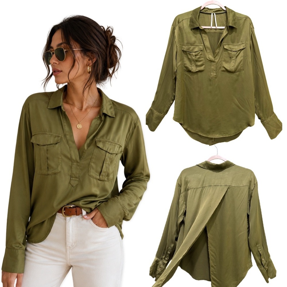 Anthropologie Utility Top Olive Green Small Long Sleeve V-Neck Open Back Pockets